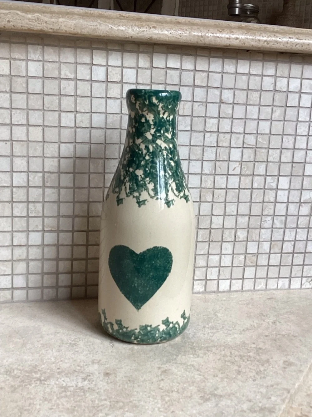 Farmhouse Ceramic Heart Vase in Cream and Forest Green Vintage